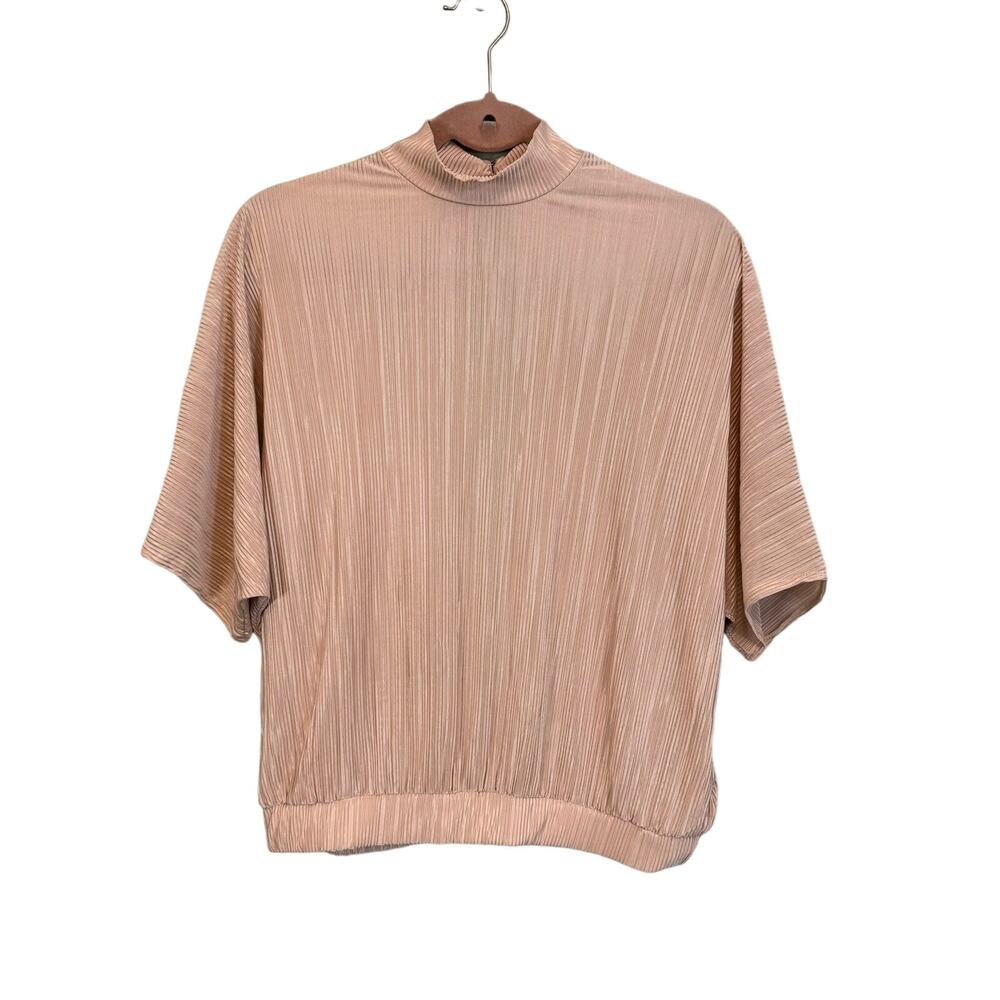 Topshop Plisse Batwing Splitback Top Womens 8 Tan Blouse Mock Neck Short Sleeve